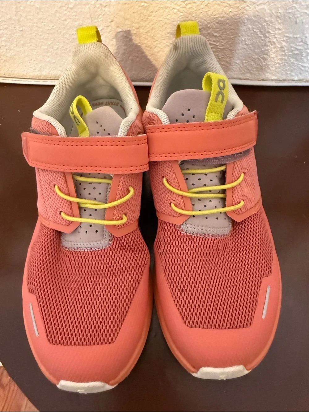 Coral Pink Kids Athletic Sneakers with Yellow Accents